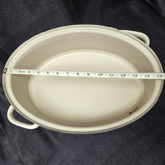Vintage Large Tan & Brown Iron Roaster Frying Pan Roasting Pot Casserole Dish - Picture 10 of 13
